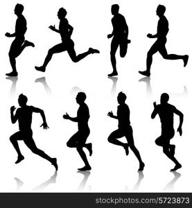 Set of silhouettes. Runners on sprint, men. vector illustration.