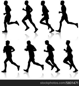 Set of silhouettes. Runners on sprint, men. vector illustration.