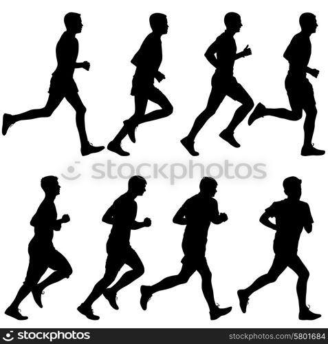 Set of silhouettes. Runners on sprint, men. vector illustration.