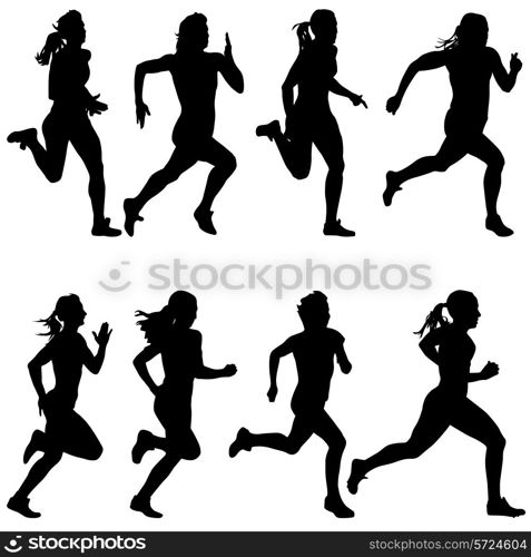 Set of silhouettes. Runners on sprint, women. vector illustration.