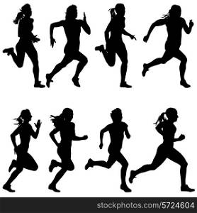 Set of silhouettes. Runners on sprint, women. vector illustration.