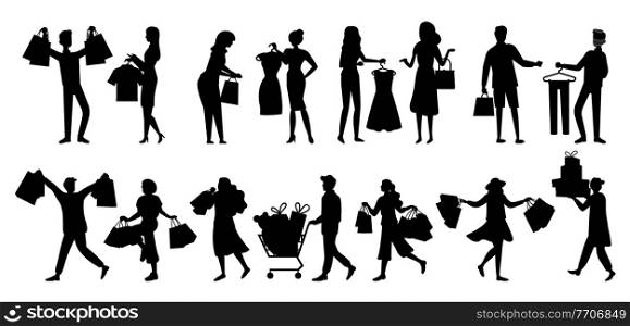 Set of silhouettes while shopping vector illustration. Group of shoppers with purchases in their hands preparing for the holidays. Men and women are buying gifts. Girls are choosing clothes. Silhouettes of people shopping. Shoppers with purchases in their hands preparing for the holiday