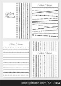Set of silver chains layouts vector illustration with bright background, collection of cute silver products, beauty jewelry ornament, text sample. Set of Silver Chains Layouts Vector Illustration