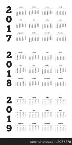 Set of simple calendars in french on 2017, 2018, 2019 years isolated on white