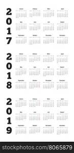 Set of simple calendars in german on 2017, 2018, 2019 years isolated on white