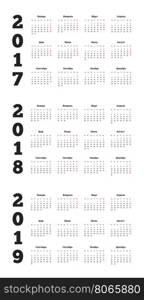 Set of simple calendars in russian on 2017, 2018, 2019 years isolated on white