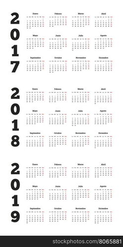 Set of simple calendars in spanish on 2017, 2018, 2019 years isolated on white