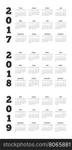 Set of simple calendars in spanish on 2017, 2018, 2019 years isolated on white