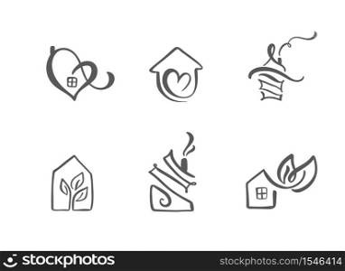 Set of simple calligraphy houses hand drawn logo. Real Vector Icons. Estate Architecture Construction for design. Art home vintage element.. Set of simple calligraphy houses hand drawn logo. Real Vector Icons. Estate Architecture Construction for design. Art home vintage element