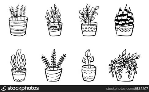 Set of simple doodle Vector houseplants and flowers in pots. Vector flat illustration.. Set of simple doodle Vector houseplants and flowers in pots. Vector flat illustration