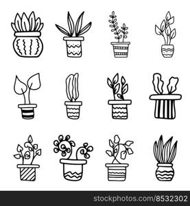 Set of simple doodle Vector houseplants and flowers in pots. Vector flat illustration.. Set of simple doodle Vector houseplants and flowers in pots. Vector flat illustration