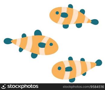 Set of simple fish cloun with fins. decorative elements of marine animals, underwater fauna cartoon sea symbol for travel design, greeting card, invitation. Set of simple fish cloun with fins.