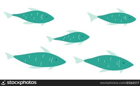 Set of simple fish with scales and fins. decorative elements of marine animals, river fauna cartoon sea symbol for travel design, greeting card, invitation. Set of simple fish with scales and fins. decorative elements of marine animals, river fauna