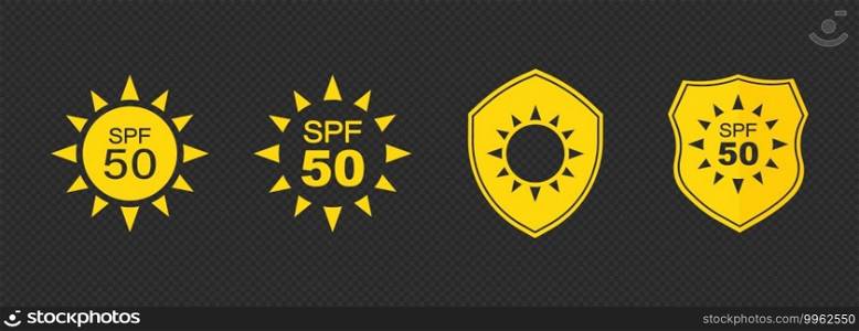 Set of simple flat SPF sun protection icons for sunscreen packaging. UV protection for skin. Icons for sunscreen products or other skin cosmetics.. Set of simple flat SPF sun protection icons for sunscreen packaging. UV protection for skin. Icons for sunscreen products or other skin cosmetics. Vector on isolated background. EPS 10