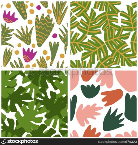 Set of simple freehand tropical green leaves seamless pattern. Exotic plant texture. Summer design for fabric, textile print, wrapping paper, textile. Set of simple freehand tropical green leaves seamless pattern.