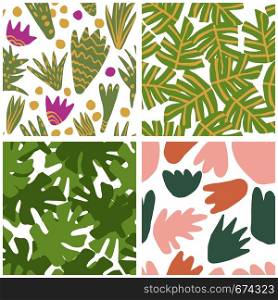 Set of simple freehand tropical green leaves seamless pattern. Exotic plant texture. Summer design for fabric, textile print, wrapping paper, textile. Set of simple freehand tropical green leaves seamless pattern.