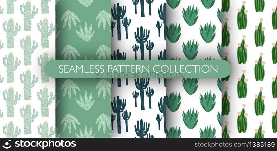Set of simple geometric cactus seamless pattern. Collection cacti exotic sketch wallpaper. Design for fabric, textile print, wrapping paper, fashion, interior, cover. Creative vector illustration.. Set of simple geometric cactus seamless pattern. Collection cacti exotic sketch wallpaper.