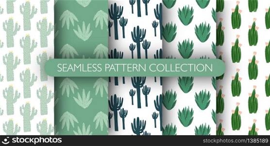Set of simple geometric cactus seamless pattern. Collection cacti exotic sketch wallpaper. Design for fabric, textile print, wrapping paper, fashion, interior, cover. Creative vector illustration.. Set of simple geometric cactus seamless pattern. Collection cacti exotic sketch wallpaper.