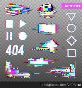 Set of simple geometric forms and digital elements in distorted glitch style on transparent background vector illustration. Digital Elements In Distorted Glitch Style