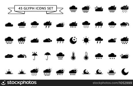 Set of simple glyph icons - weather or forecast sings with black and white silhouettes clouds, snow, rain, fog, wind, sun and moon - vector symbols.. Weather Glyph Icons
