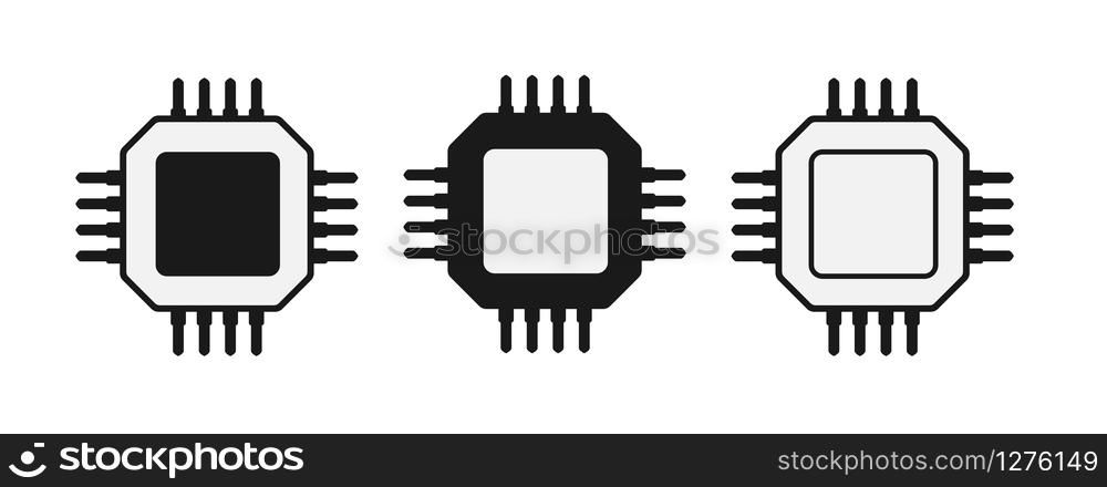 Set of simple icons of microchips or processors. Filled silhouette. Radio electronic element. Flat design.