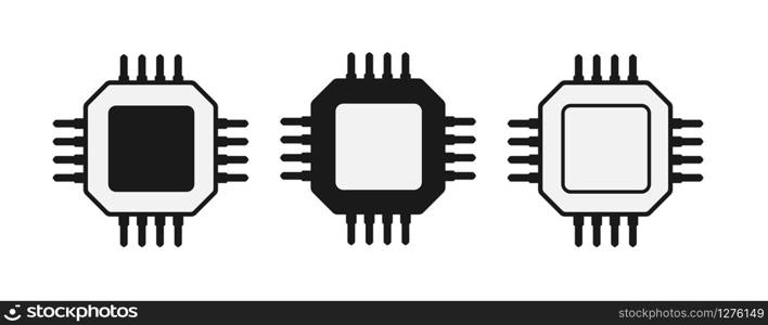 Set of simple icons of microchips or processors. Filled silhouette. Radio electronic element. Flat design.