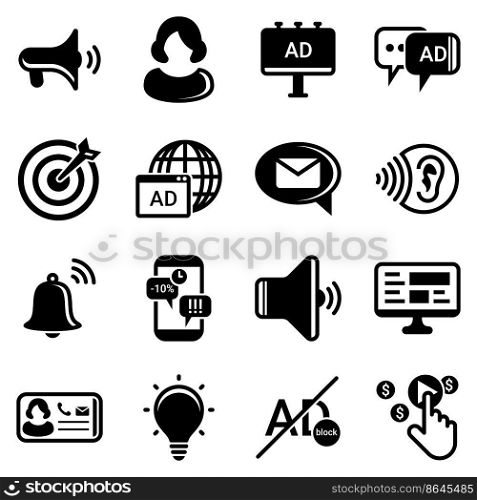 Set of simple icons on a theme Advertising, marketing, business, news, work, telemarketing, promotion, communication, internet , vector, set. Black icons isolated against white background