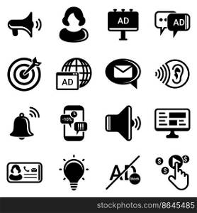 Set of simple icons on a theme Advertising, marketing, business, news, work, telemarketing, promotion, communication, internet , vector, set. Black icons isolated against white background