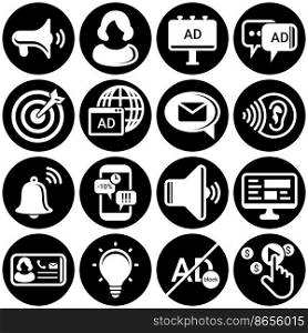 Set of simple icons on a theme Advertising, marketing, business, news, work, telemarketing, promotion, communication, internet , vector, set. White background