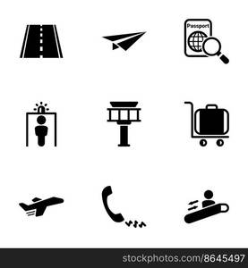 Set of simple icons on a theme Airport, runway, plane, transport, vector, set. Black icons isolated against white background