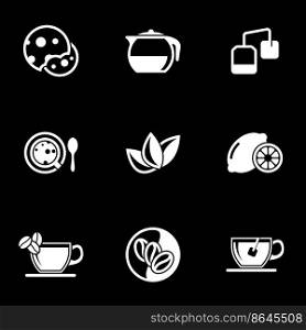 Set of simple icons on a theme Biscuits, tea, drink, coffee, lemon, lime, vector, set. Black background
