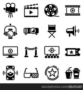 Set of simple icons on a theme Cinema, theater, entertainment, sound, monitor, fame alley, lighting, light, vector, design, flat, sign, symbol, object. Black icons isolated against white background