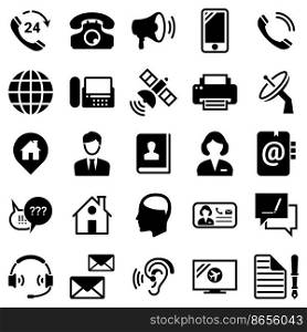 Set of simple icons on a theme Contact, connection, communication devices, vector, design, collection, flat, sign, symbol,element, object, illustration. Black icons isolated against white background
