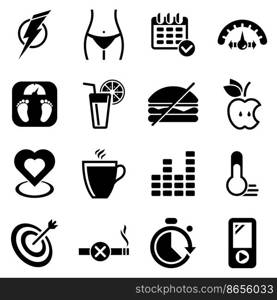 Set of simple icons on a theme Diet, sport, health, vector, design, collection, flat, sign, symbol,element, object, illustration. Black icons isolated against white background