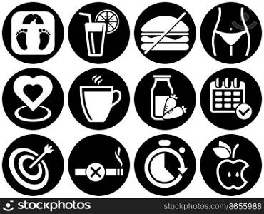 Set of simple icons on a theme Diet, vector, design, collection, flat, sign, symbol,element, object, illustration. White background