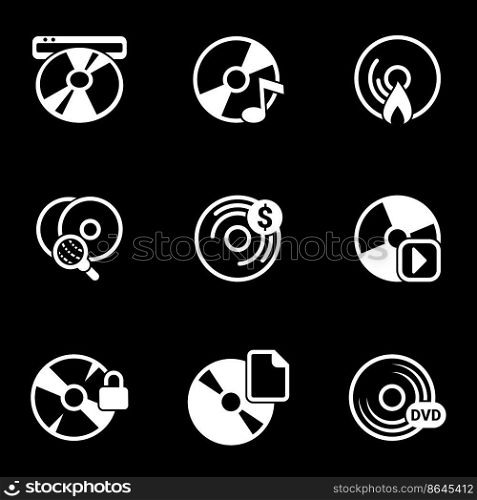 Set of simple icons on a theme Disk, record, dvd, cd, vector, set. Black background