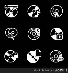 Set of simple icons on a theme Disk, record, dvd, cd, vector, set. Black background