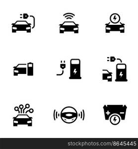 Set of simple icons on a theme Driverless autonomous car. Electric powered car, vector, set. White background