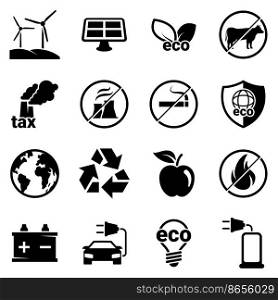 Set of simple icons on a theme Eco, vector, design, collection, flat, sign, symbol,element, object, illustration. Black icons isolated against white background