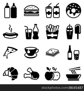Set of simple icons on a theme Fast food, drinks, Cafe, alcohol, restaurant, sweets, harmful food, food court, vector, set. Black icons isolated against white background