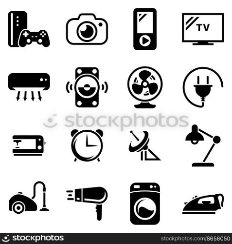 Set of simple icons on a theme Home, home appliances, household, vector, design, collection, flat, sign, symbol,element, object, illustration. Black icons isolated against white background