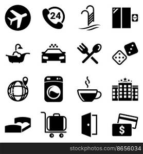 Set of simple icons on a theme Hotel, overnight, moving, vector, design, collection, flat, sign, symbol,element, object, illustration. Black icons isolated against white background