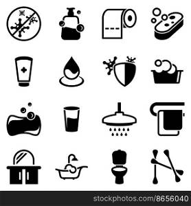 Set of simple icons on a theme Hygiene, sanitation, latrine, vector, design, collection, flat, sign, symbol,element, object, illustration. Black icons isolated against white background