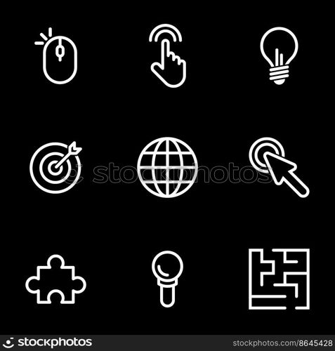 Set of simple icons on a theme Internet, communication, creativity, purposefulness , vector, set. Black background