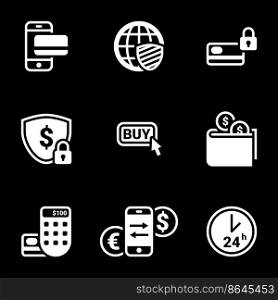 Set of simple icons on a theme Internet money, web, exchange, shopping, vector, set. Black background