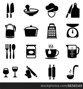 Set of simple icons on a theme Kitchen utensils, vector, design, collection, flat, sign, symbol,element, object, illustration. Black icons isolated against white background