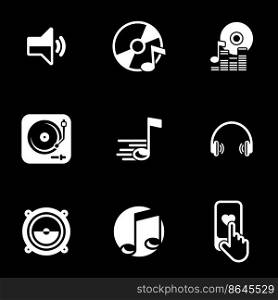 Set of simple icons on a theme Music, sound, wave, disc, vinyl, vector, set. Black background