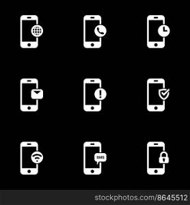 Set of simple icons on a theme Phone functions, functionality, notification, communication, internet, message, vector, set. Black background