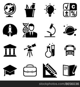 Set of simple icons on a theme School, study, education, student, vector, design, collection, flat, sign, symbol,element, object, illustration. Black icons isolated against white background