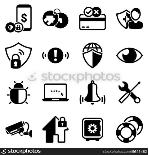 Set of simple icons on a theme Security, credit card, insurance, internet, surveillance, home, notification, vector, flat, sign, web, symbol, object. Black icons isolated against white background